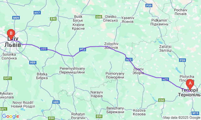 Карта маршруту Тернопіль - Львів