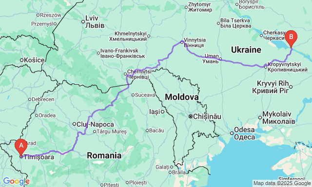 Route map Timisoara - Kremenchuk