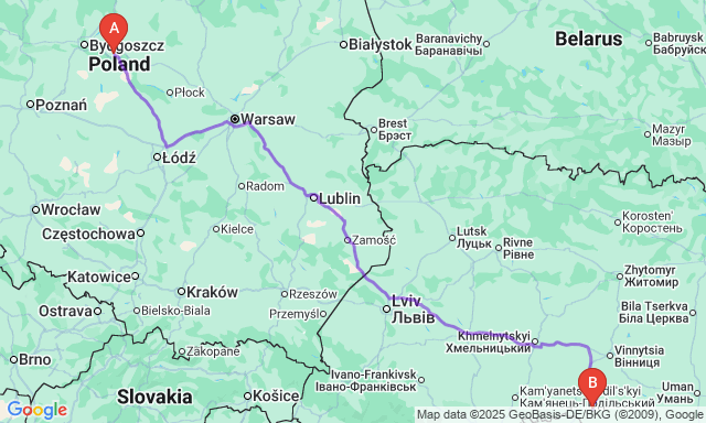 Карта маршруту Торунь - Чернівці