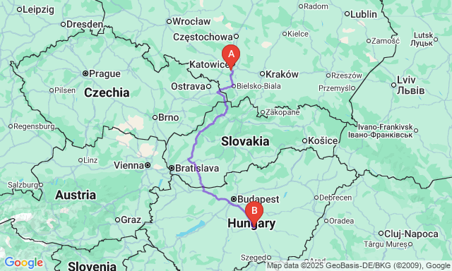 Route map Tychy - Kecskemét