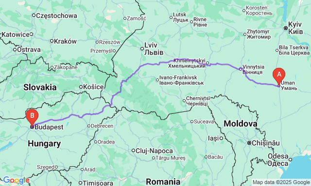 Карта маршруту Умань - Будапешт