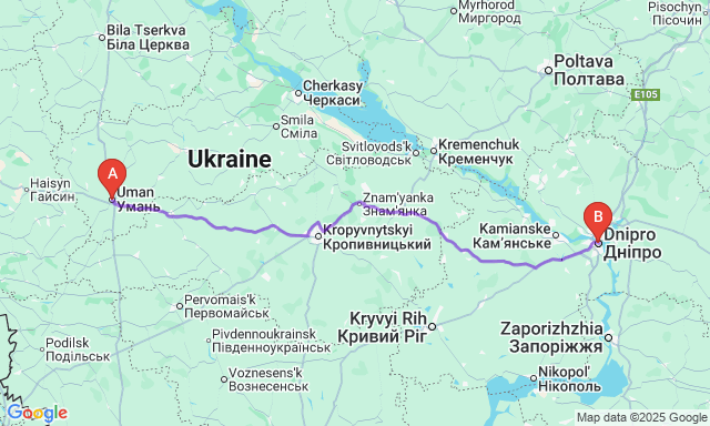 Карта маршруту Умань - Дніпро