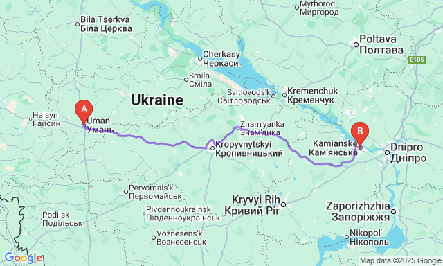 Карта маршруту Умань - Кам'янське