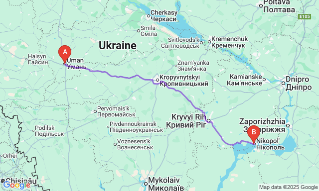 Карта маршруту Умань - Нікополь