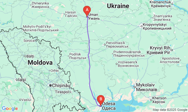 Карта маршруту Умань - Одеса