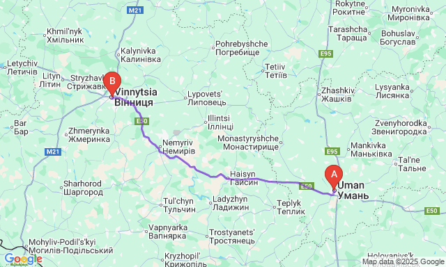 Карта маршрута Умань - Винница