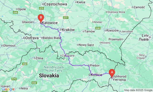 Карта маршруту Ужгород - Катовіце