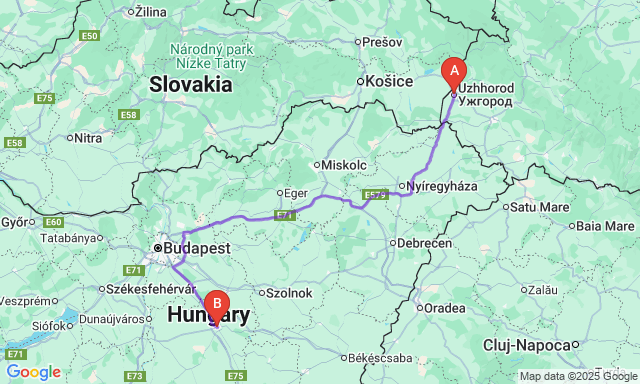 Route map Uzhhorod - Kecskemét