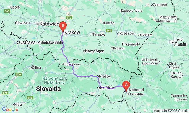 Карта маршруту Ужгород - Краків
