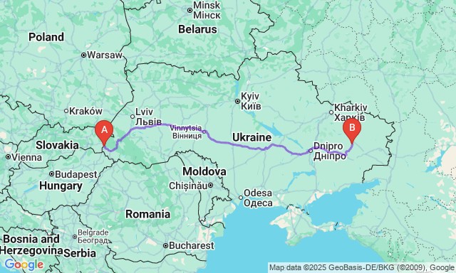 Карта маршруту Ужгород - Краматорськ