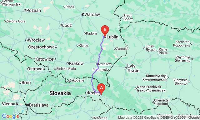 Карта маршруту Ужгород - Люблін