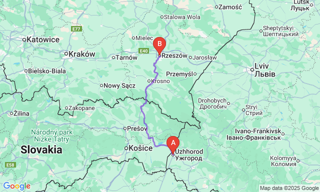 Карта маршрута Ужгород - Жешув