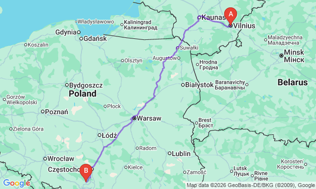 Route map Vilnius - Tarnowskie Góry