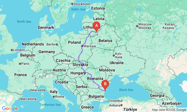 Route map Vilnius - Varna