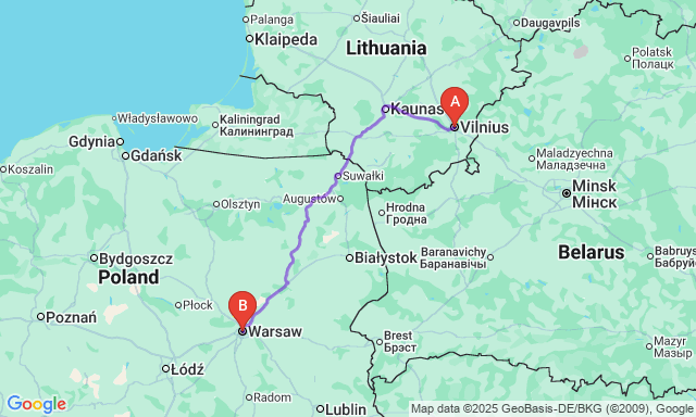 Карта маршруту Вільнюс - Варшава