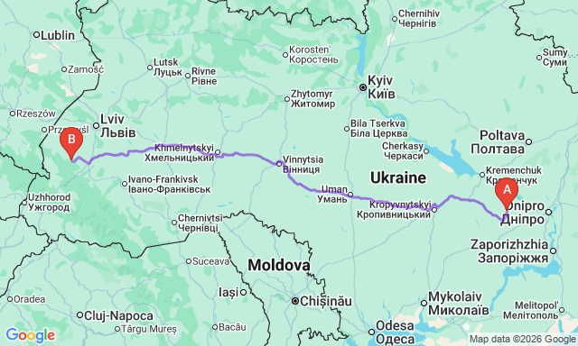 Карта маршруту Вільногірськ - Борислав