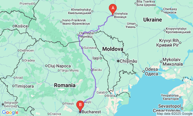 Карта маршруту Вінниця - Бухарест