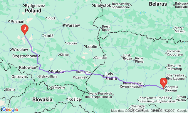 Карта маршруту Вінниця - Каліш