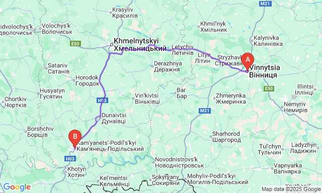 Карта маршруту Вінниця - Кам’янець-Подільський