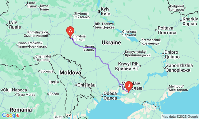 Карта маршруту Вінниця - Херсон