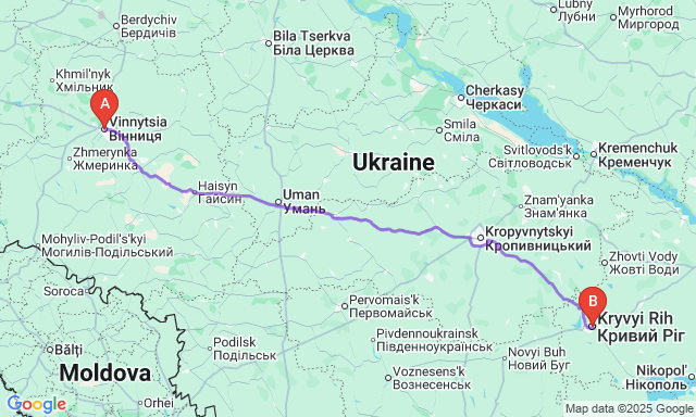 Карта маршруту Вінниця - Кривий Ріг
