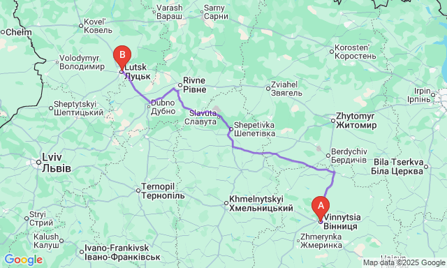 Карта маршруту Вінниця - Луцьк