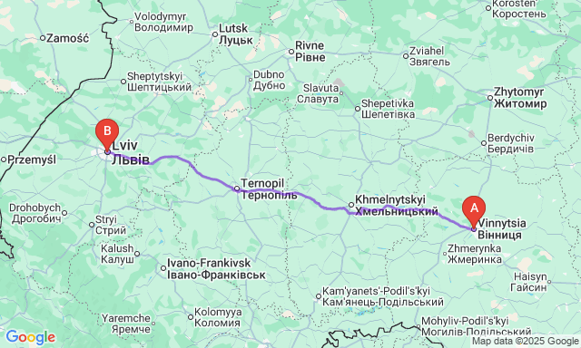 Карта маршруту Вінниця - Львів