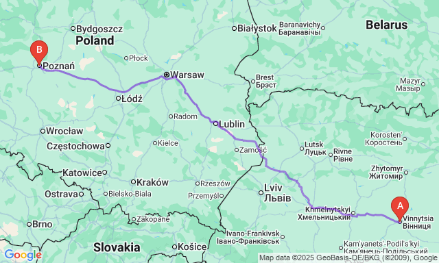 Карта маршруту Вінниця - Познань
