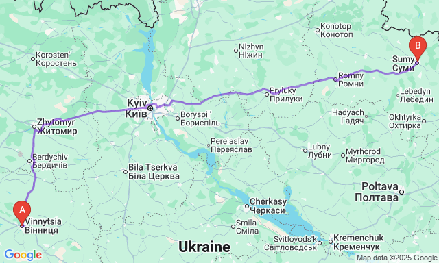 Карта маршруту Вінниця - Суми