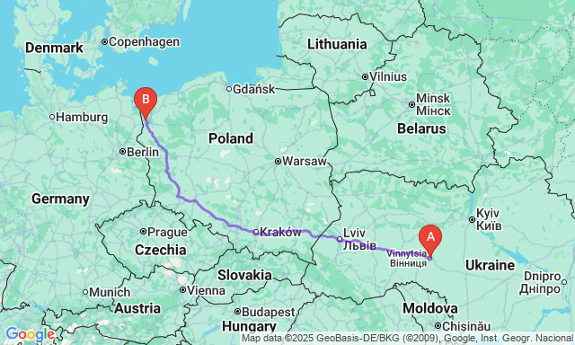 Карта маршруту Вінниця - Щецин