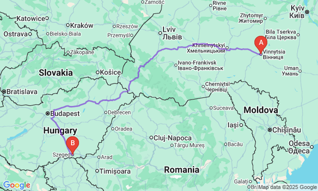 Route map Vinnytsia - Szeged