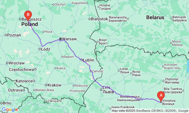 Карта маршруту Вінниця - Торунь