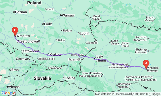 Карта маршруту Вінниця - Вроцлав