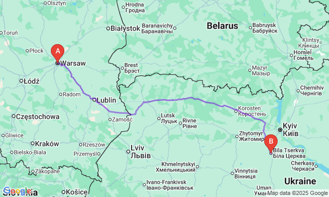 Route map Warsaw - Bila Tserkva