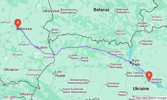 Карта маршруту Варшава - Черкаси