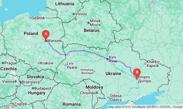 Карта маршруту Варшава - Дніпро