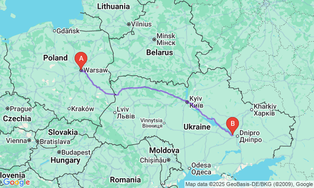 Карта маршруту Варшава - Кам'янське