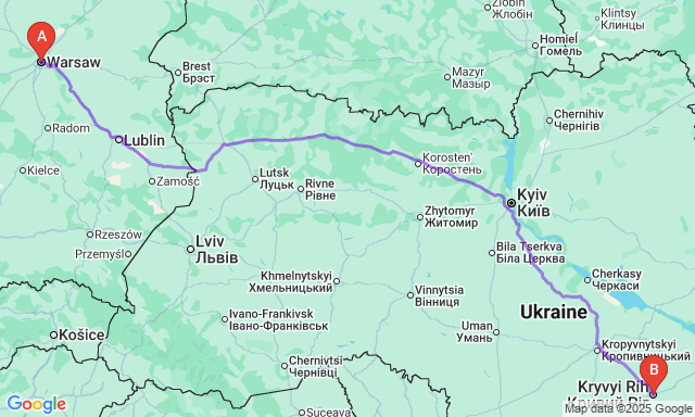 Карта маршруту Варшава - Кривий Ріг