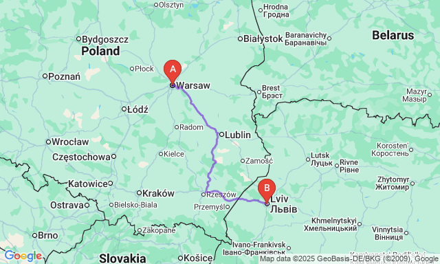 Карта маршруту Варшава - Львів