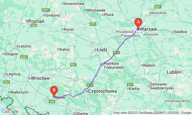 Route map Warsaw - Opole