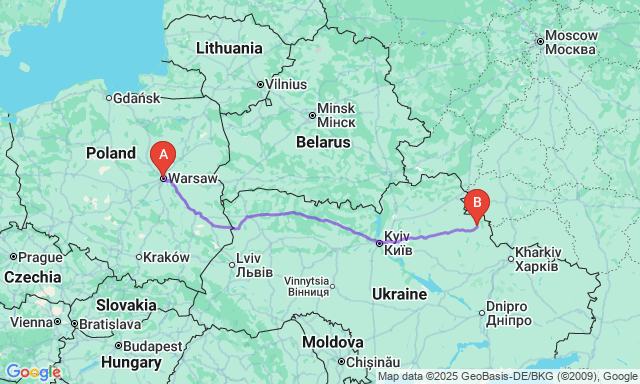 Route map Warsaw - Sumy