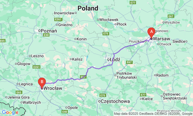 Route map Warsaw - Wroclaw