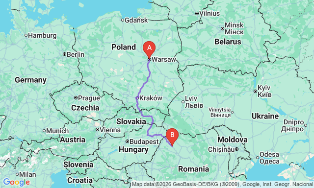 Route map Warsaw - Zalău