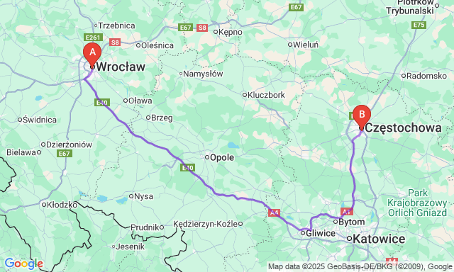 Route map Wroclaw - Częstochowa