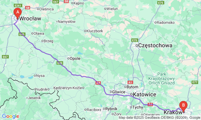 Карта маршруту Вроцлав - Краків