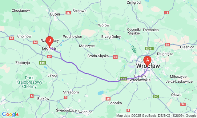 Route map Wroclaw - Legnica