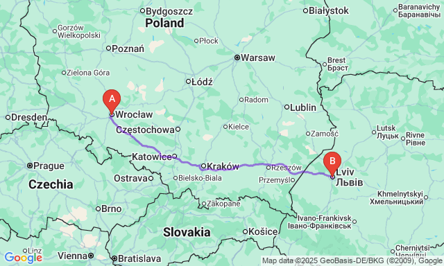 Карта маршруту Вроцлав - Львів