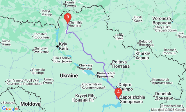 Карта маршруту Запоріжжя - Чернігів