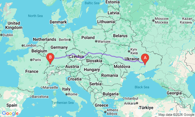 Route map Zaporizhzhya - Freiburg im Breisgau