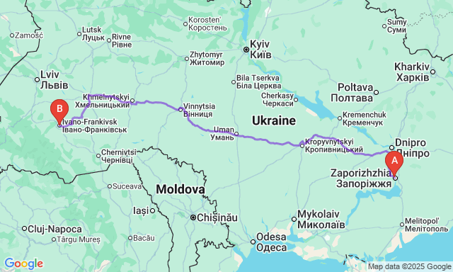 Карта маршруту Запоріжжя - Івано-Франківськ